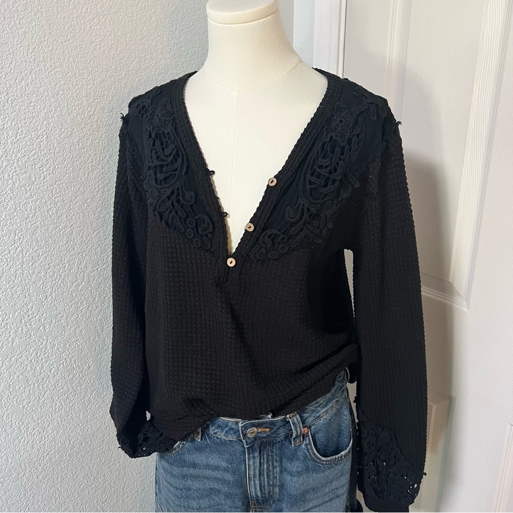 Miss Me Open Weave Waffle Knit Henley Top Crochet Details Summer Sweater Layer - Picture 12 of 12